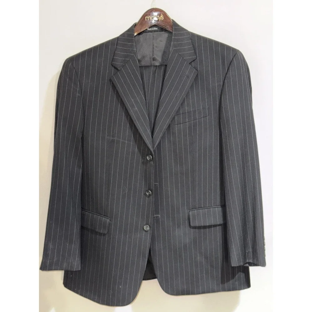 Chaps Men's 44R 2-Piece Suit 100% Wool Charcoal Gray Pinstripe Jacket and Pants
